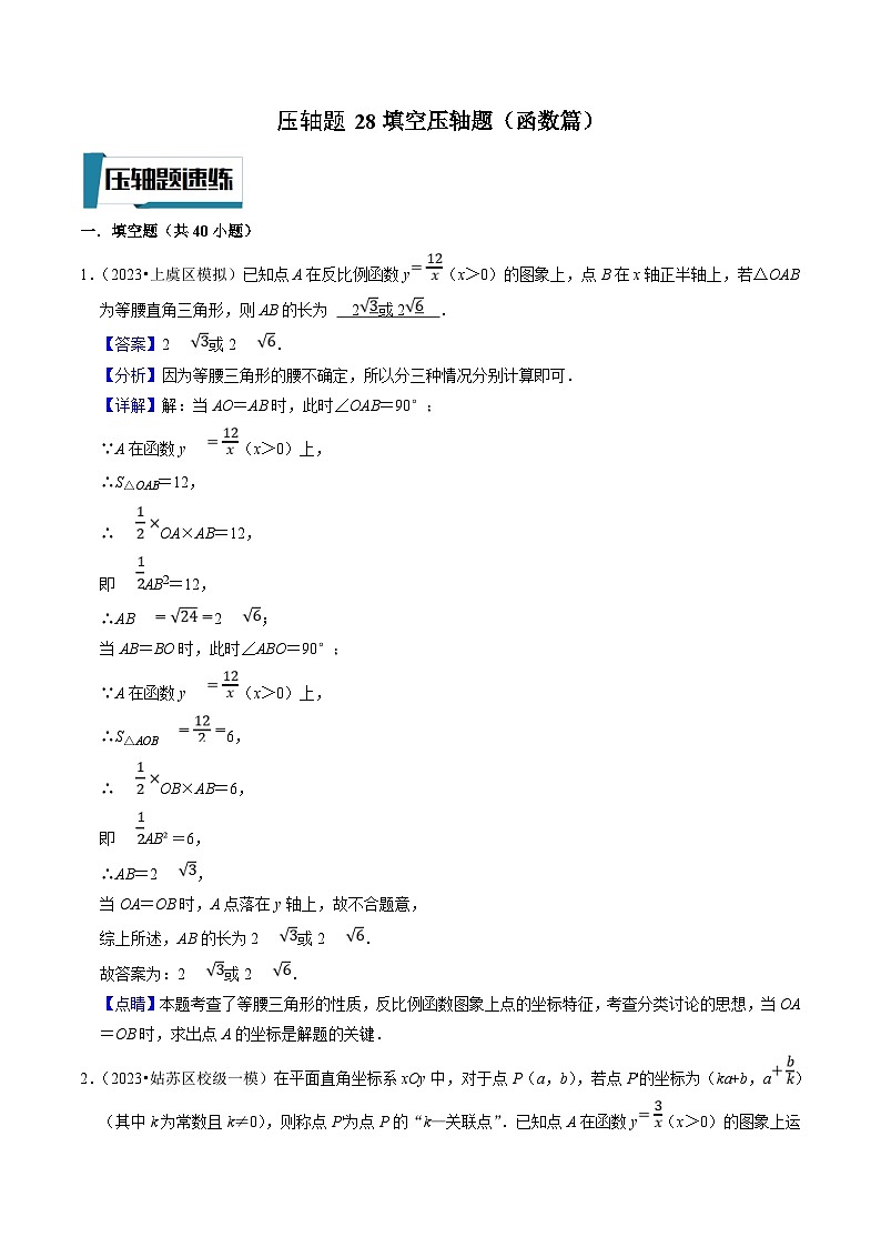 中考数学二轮培优题型训练压轴题28填空压轴题（函数篇）（解析版）第1页