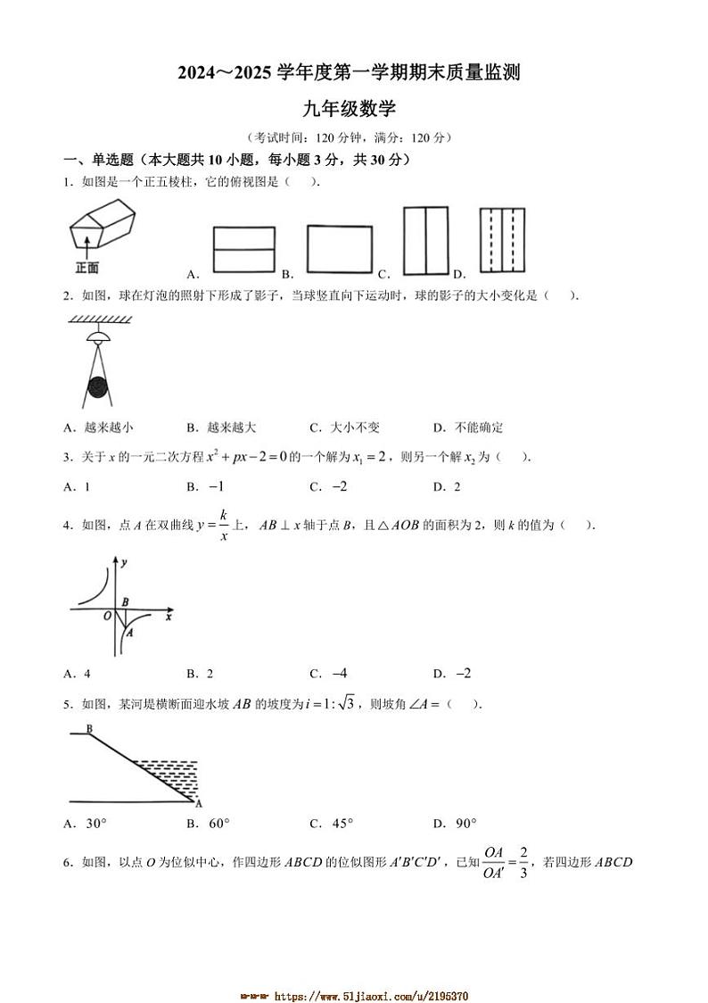 2024～2025学年广东省茂名市电白区九年级上期末质量监测数学试卷(含答案)第1页