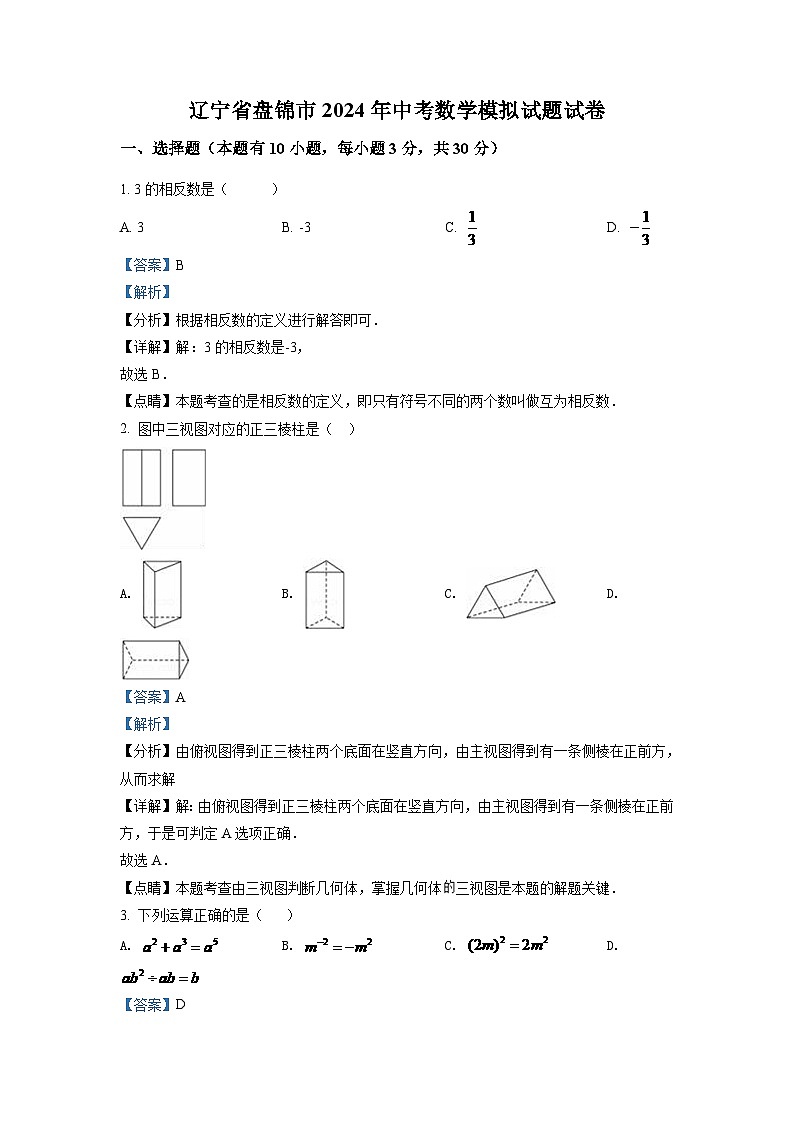 2024年辽宁省盘锦市数学模拟试题中考试卷（解析）第1页