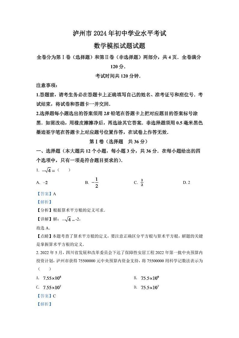 2024年四川省泸州市中考数学模拟试题（解析版）第1页