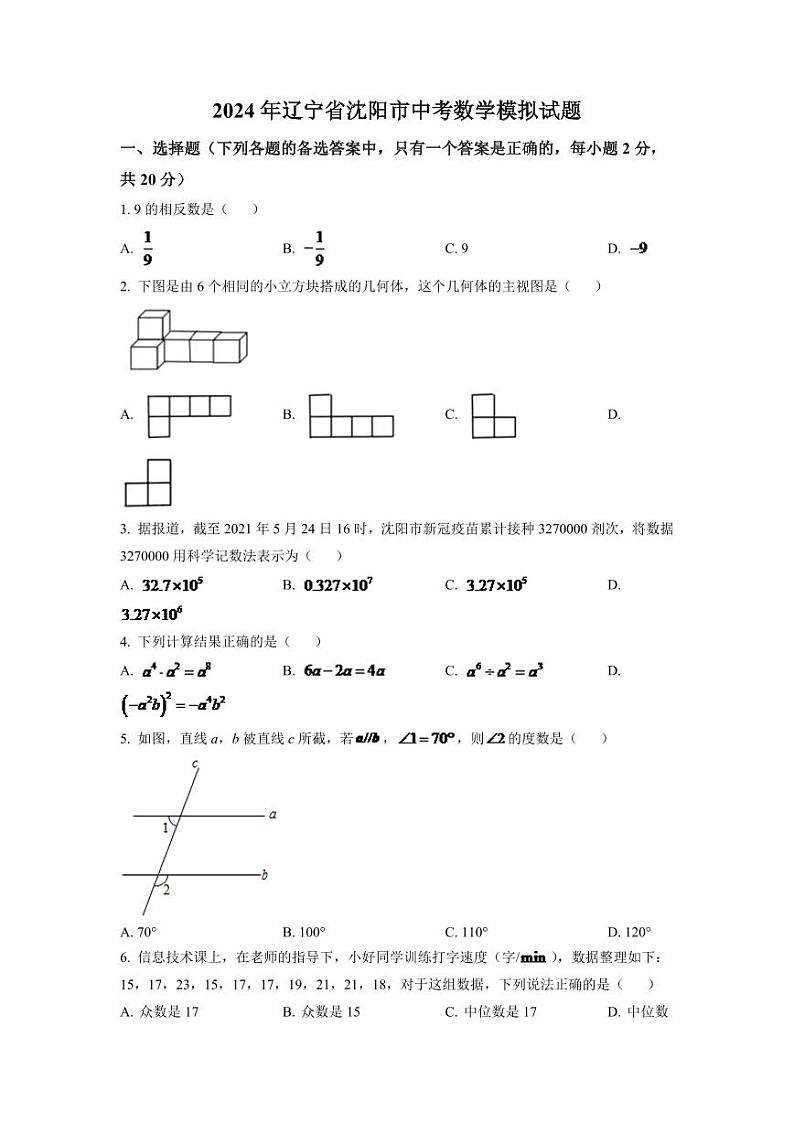 2024年辽宁省沈阳市中考数学模拟试题（原卷版）第1页