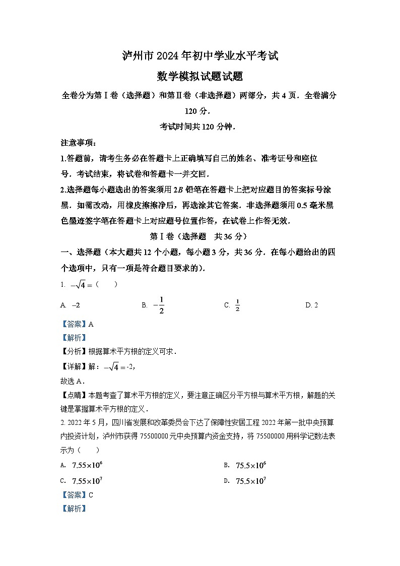 2024年四川省泸州市中考数学模拟试题（解析版）第1页