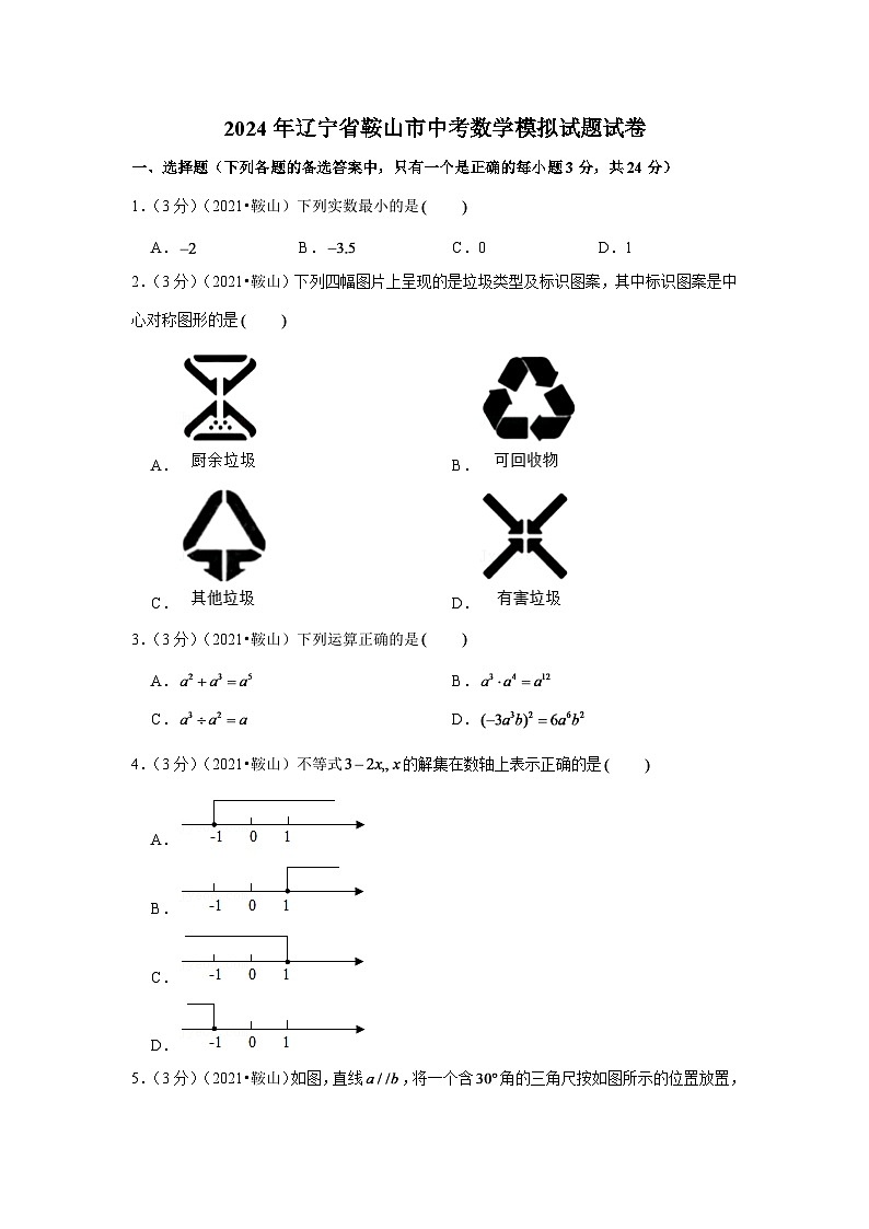 2024年辽宁省鞍山市中考数学模拟试题试卷（原卷版）第1页