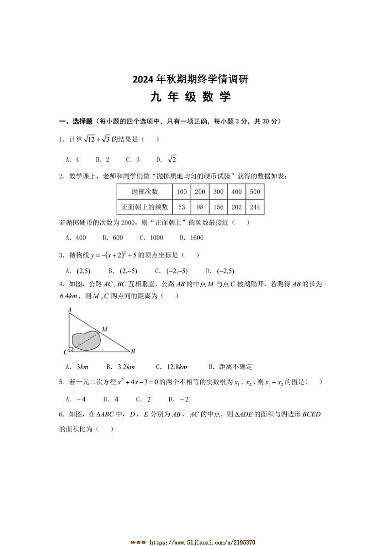 2024～2025学年河南省南阳市桐柏县九年级上1月期末数学试卷(含答案)第1页