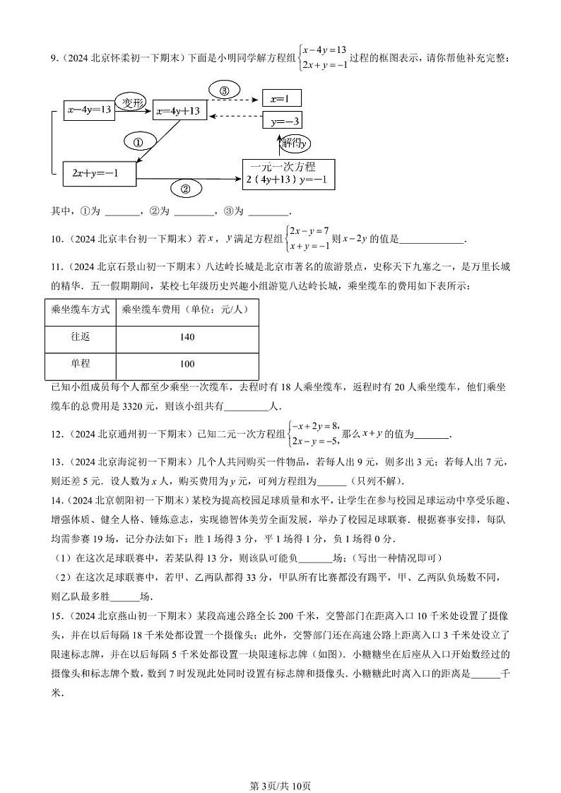 2024北京初一（下）期末真题数学汇编：二元一次方程组的解法（京改版）（非解答题）第3页