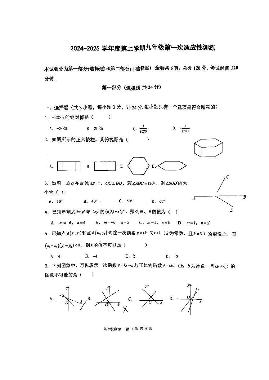 2025年陕西省咸阳市秦都区启迪中学九年级中考一模数学试题第1页