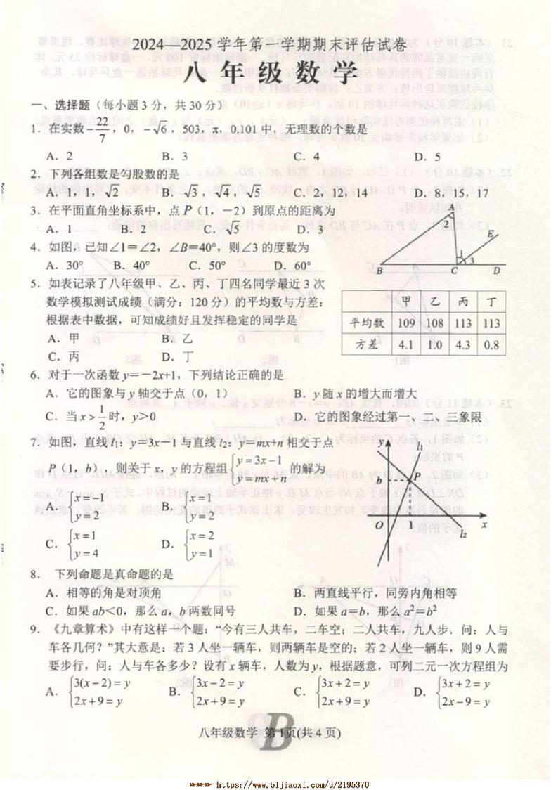 2024～2025学年河南省平顶山市宝丰县八年级上1月期末数学试卷(含答案)第1页