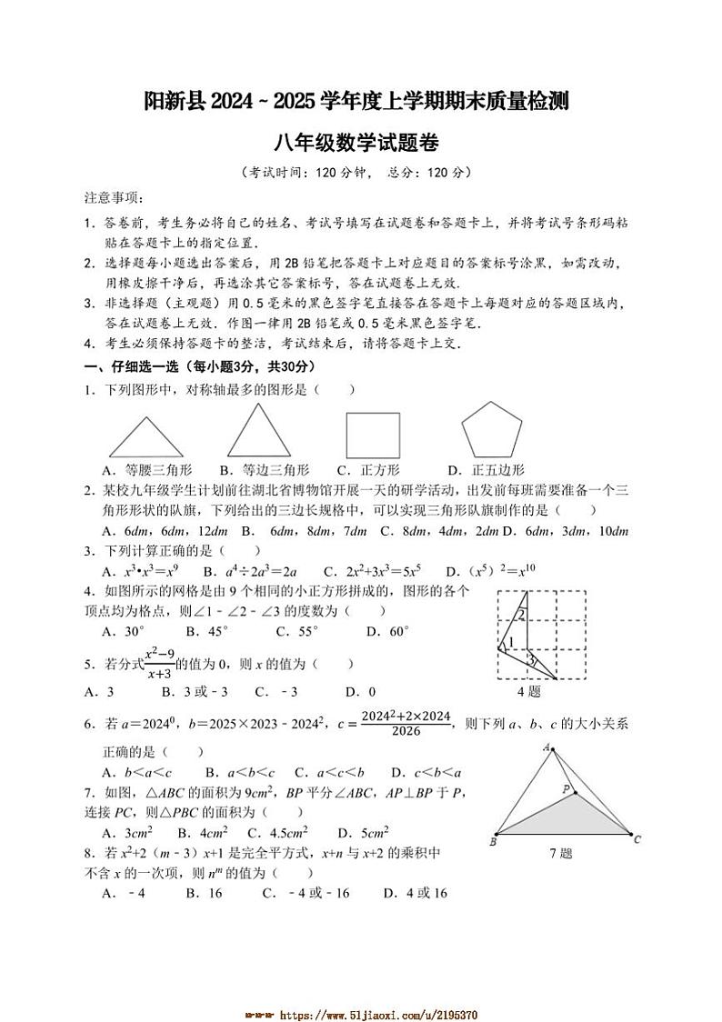 2024～2025学年湖北省黄石市阳新县八年级上数学期末考试卷(含答案)第1页