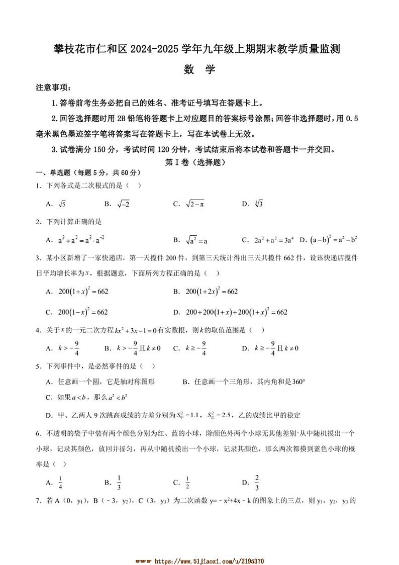 2024～2025学年四川省攀枝花市仁和区九年级上1月期末数学试卷(含答案)第1页