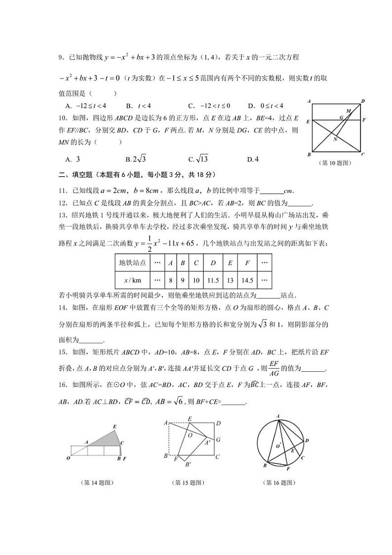 浙江省绍兴市元培中学2024－2025学年九年级上12月考试数学试卷(含答案)第2页