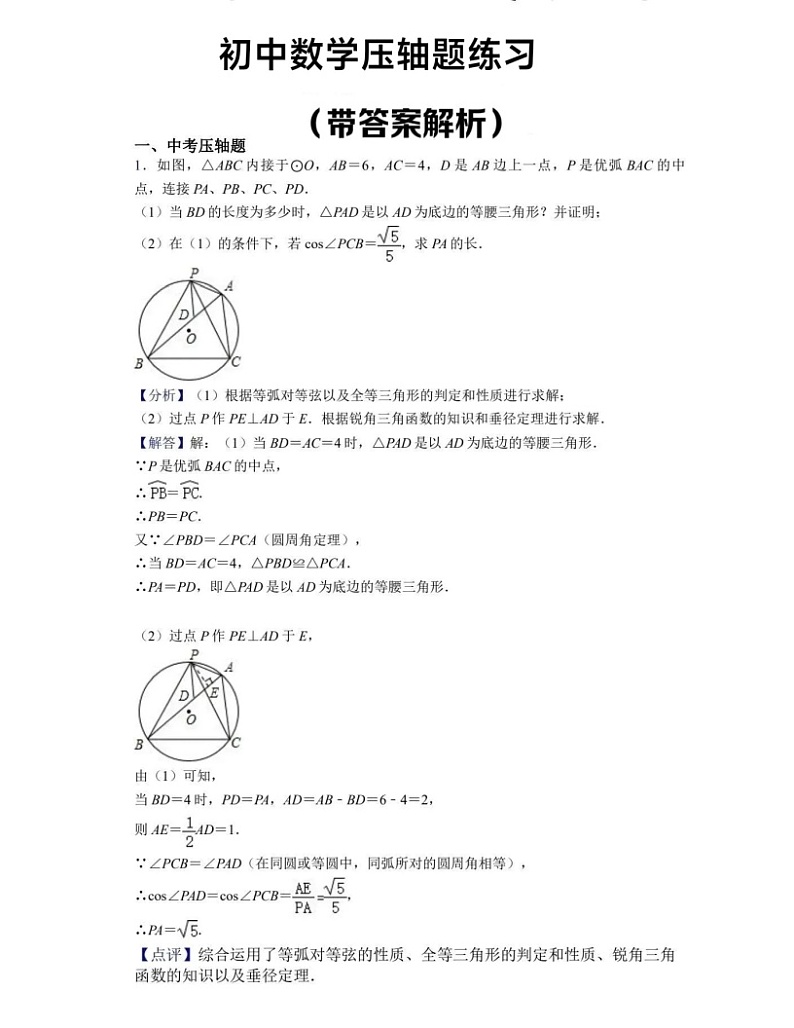 初中中考数学压轴题练习（含答案）第1页
