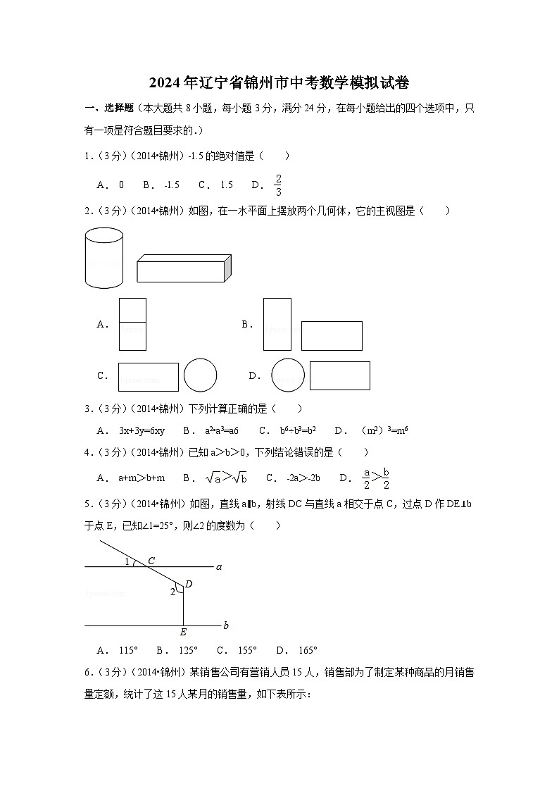 2024年辽宁省锦州市中考数学模拟试卷（含解析版）第1页