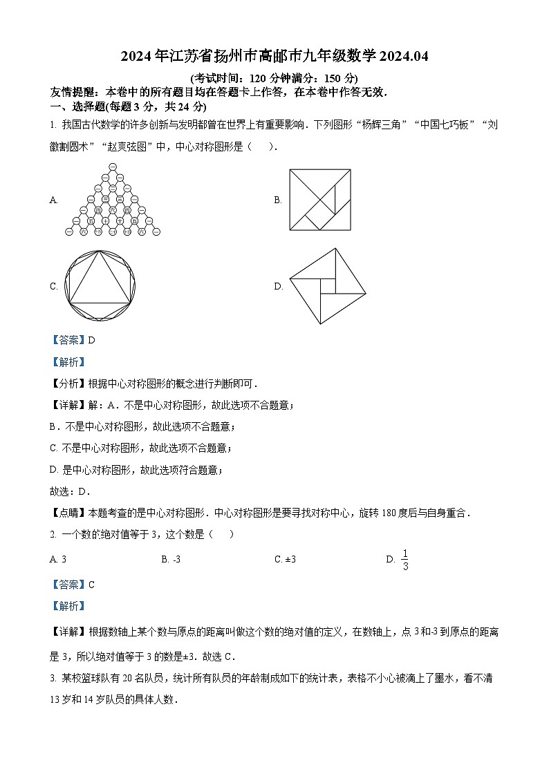 精品解析：2024年江苏省扬州市高邮市九年级中考一模数学试题（解析版）第1页