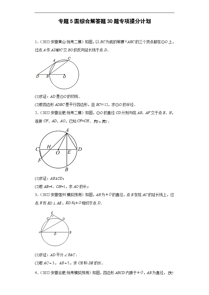 （安徽专用）中考数学二轮复习训练专题5圆综合（原卷版）第1页