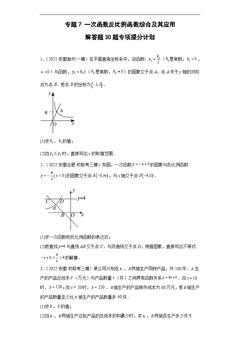 （安徽专用）中考数学数学二轮复习训练 专题7 一次函数反比例函数综合及其应用（原卷版）第1页