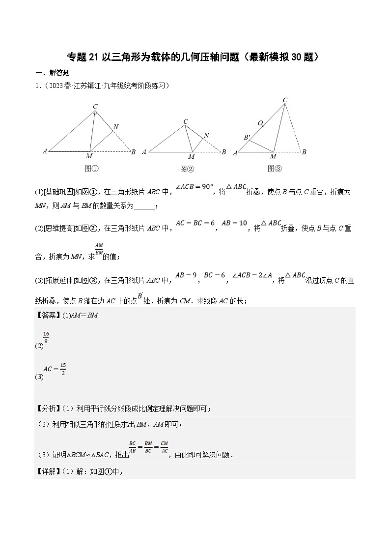 （江苏专用）中考数学二轮复习大题练习专题21以三角形为载体的几何压轴问题（最新模拟30题）（解析版）第1页
