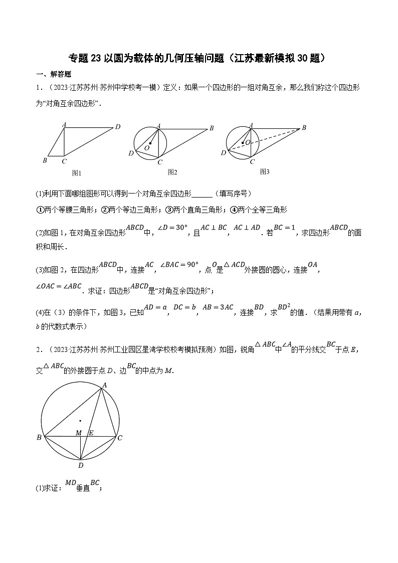 （江苏专用）中考数学二轮复习大题练习专题23以圆为载体的几何压轴问题（最新模拟30题）（原卷版）第1页