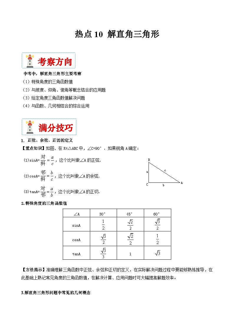 （湖南专用）中考数学二轮复习重难点训练热点10 解直角三角形（解析版）第1页