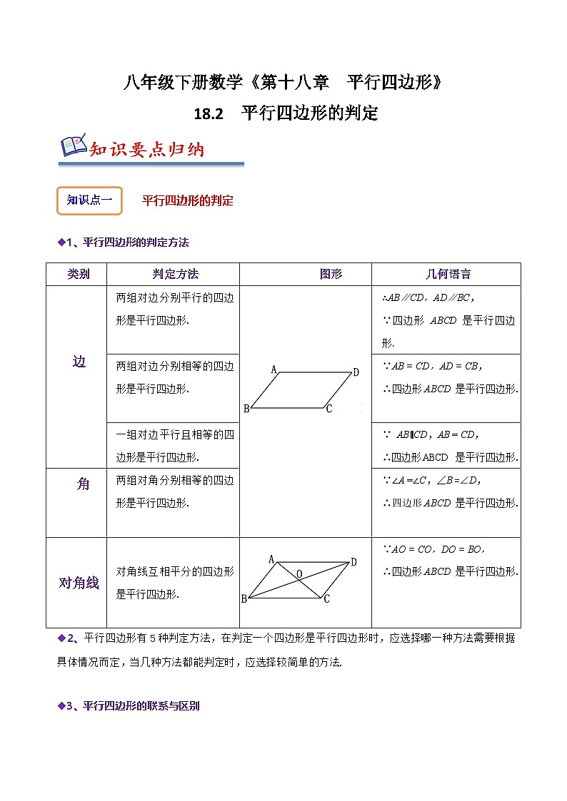 （人教版）数学八年级下册精讲精练18.2 平行四边形的判定（原卷版） 第1页