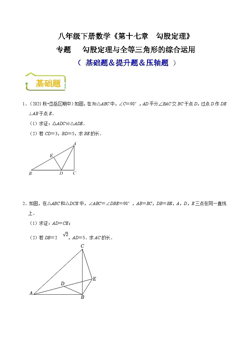 （人教版）数学八年级下册期末复习训练专题 勾股定理与全等三角形的综合运用（原卷版）   第1页