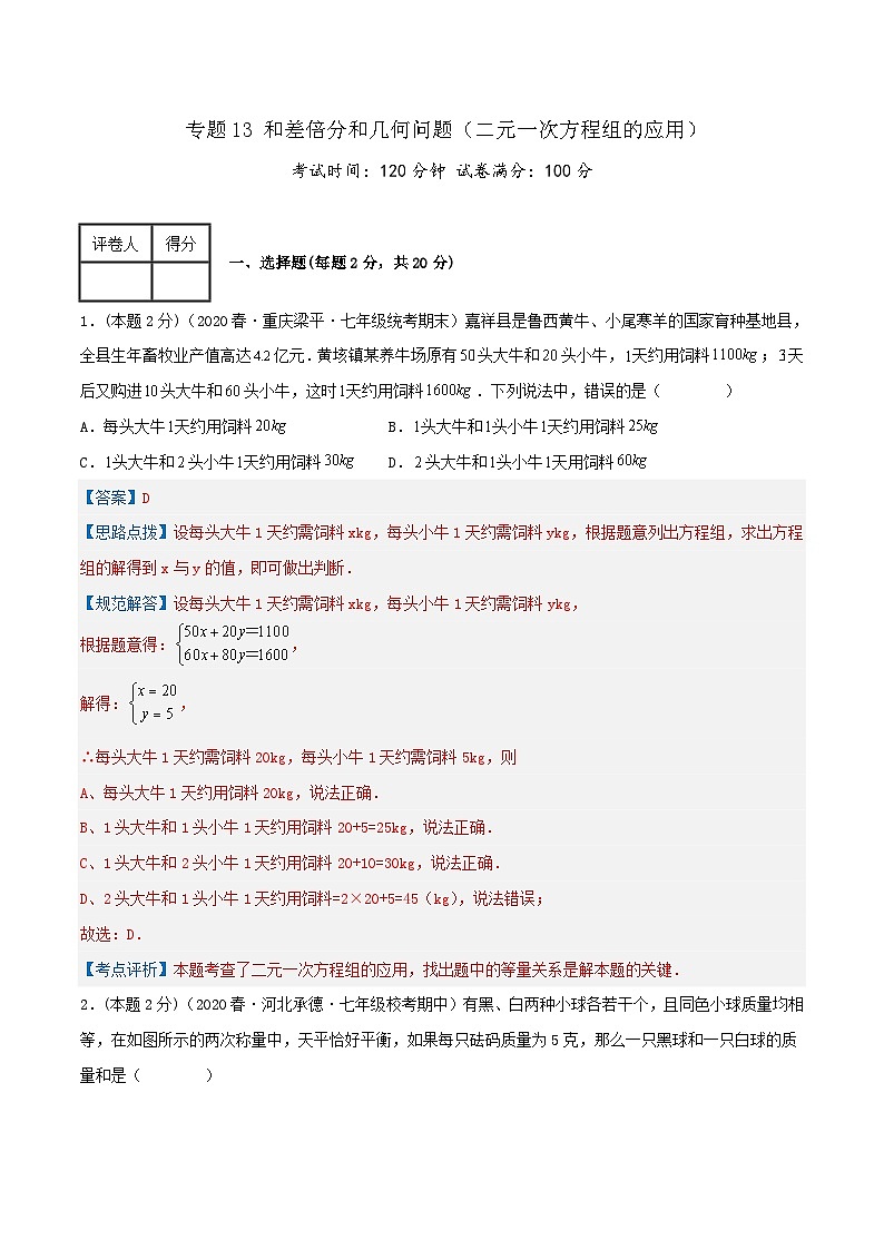 （人教版）数学七年级下册期末培优训练专题13 和差倍分和几何问题（二元一次方程组的应用）（解析版）第1页