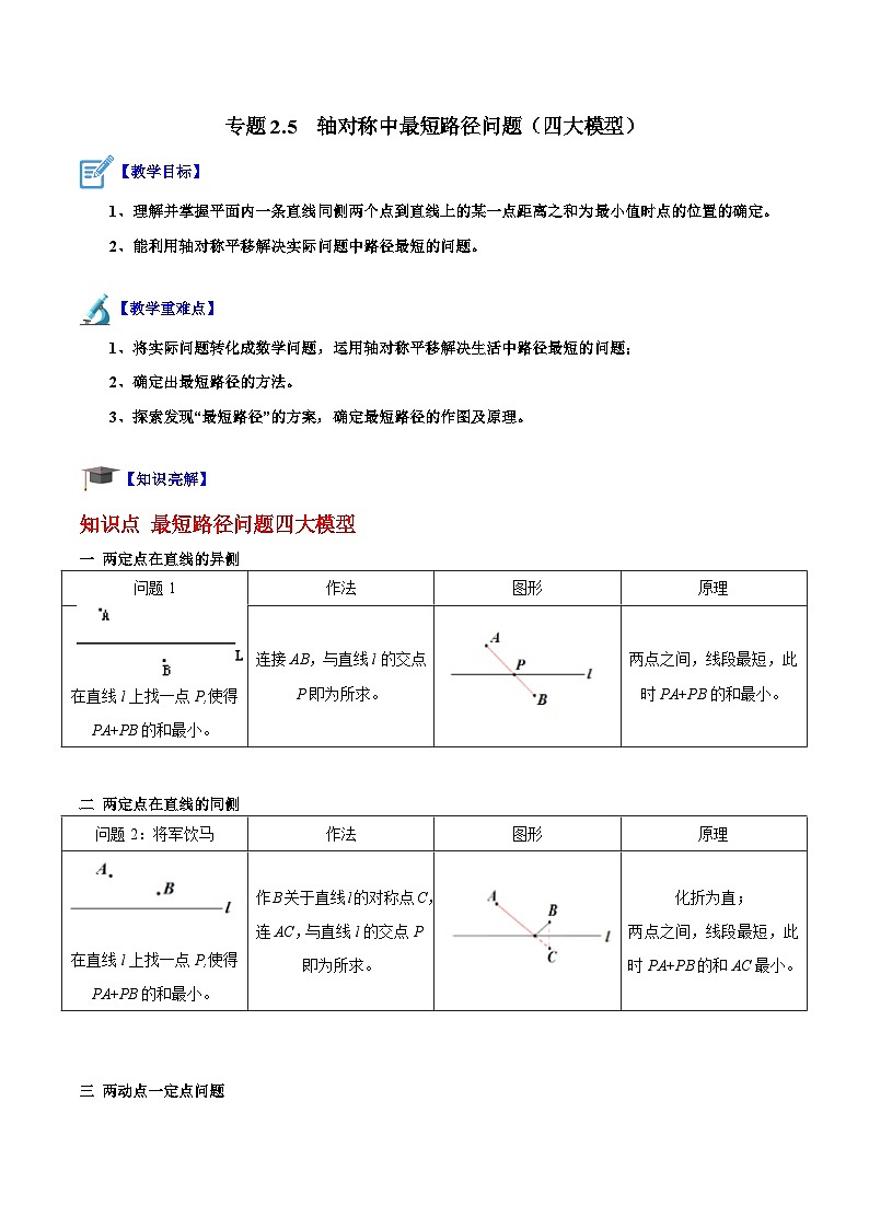 苏科版数学八上同步讲练专题2.5  轴对称中最短路径问题（四大模型）（解析版）第1页