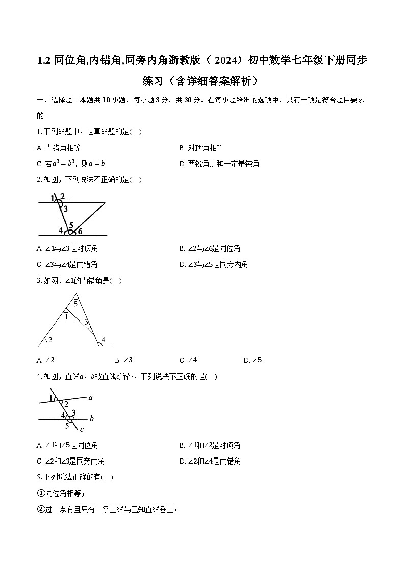 1.2同位角,内错角,同旁内角 浙教版（2024）初中数学七年级下册同步练习（含详细答案解析）第1页