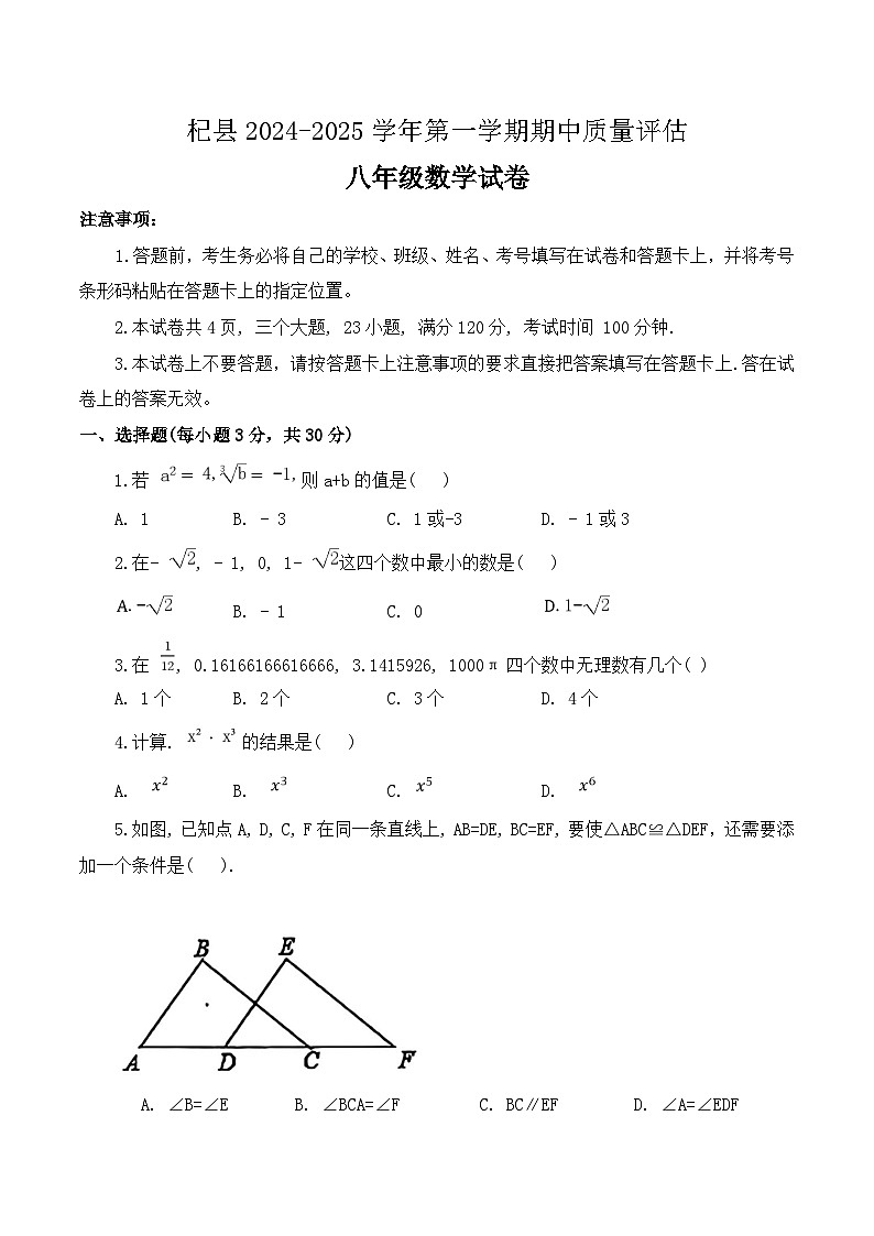河南省开封市杞县2024-2025学年八年级上学期11月期中考试数学试卷(含答案)第1页