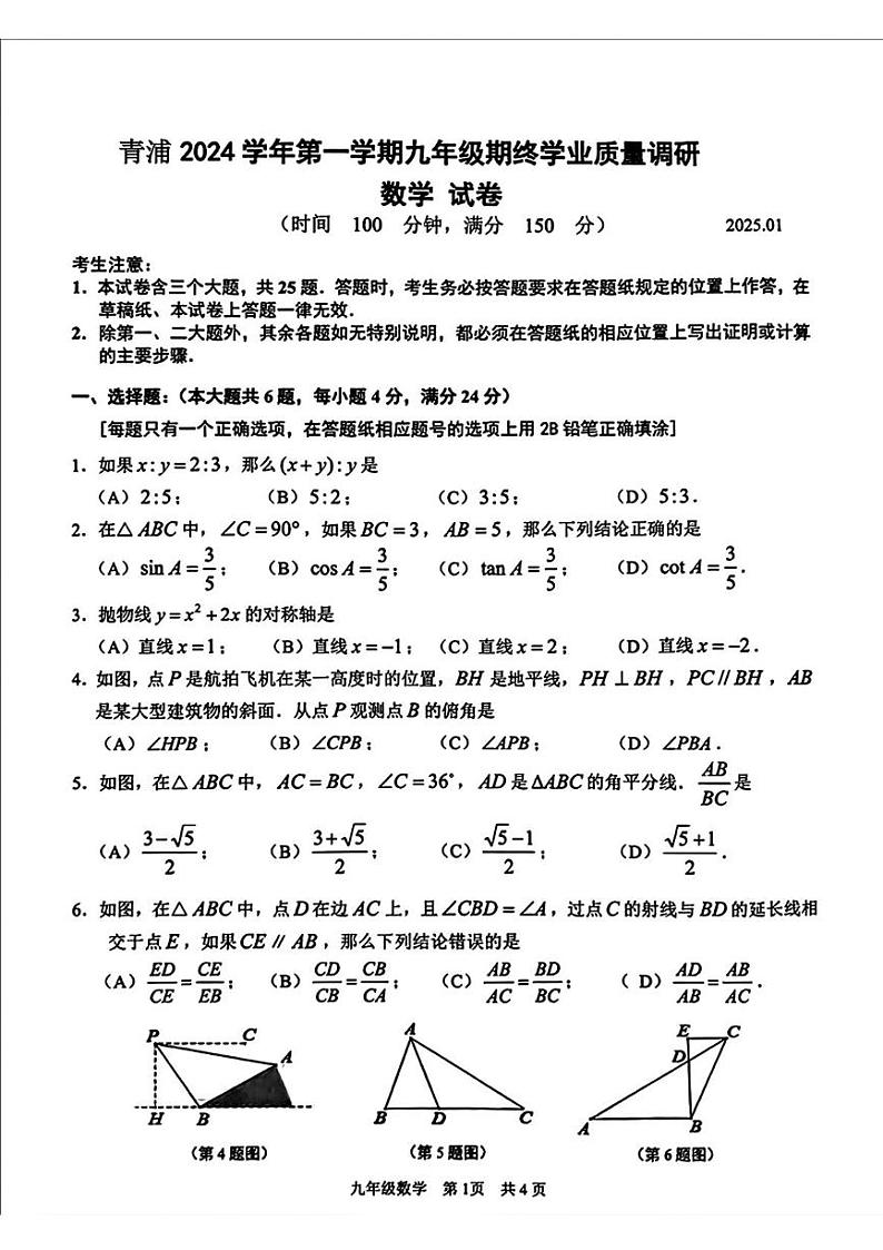 上海市青浦区2024-2025学年九年级上学期期末数学试卷（一模）第1页