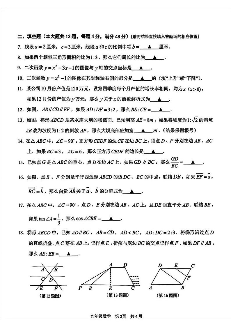 上海市青浦区2024-2025学年九年级上学期期末数学试卷（一模）第2页