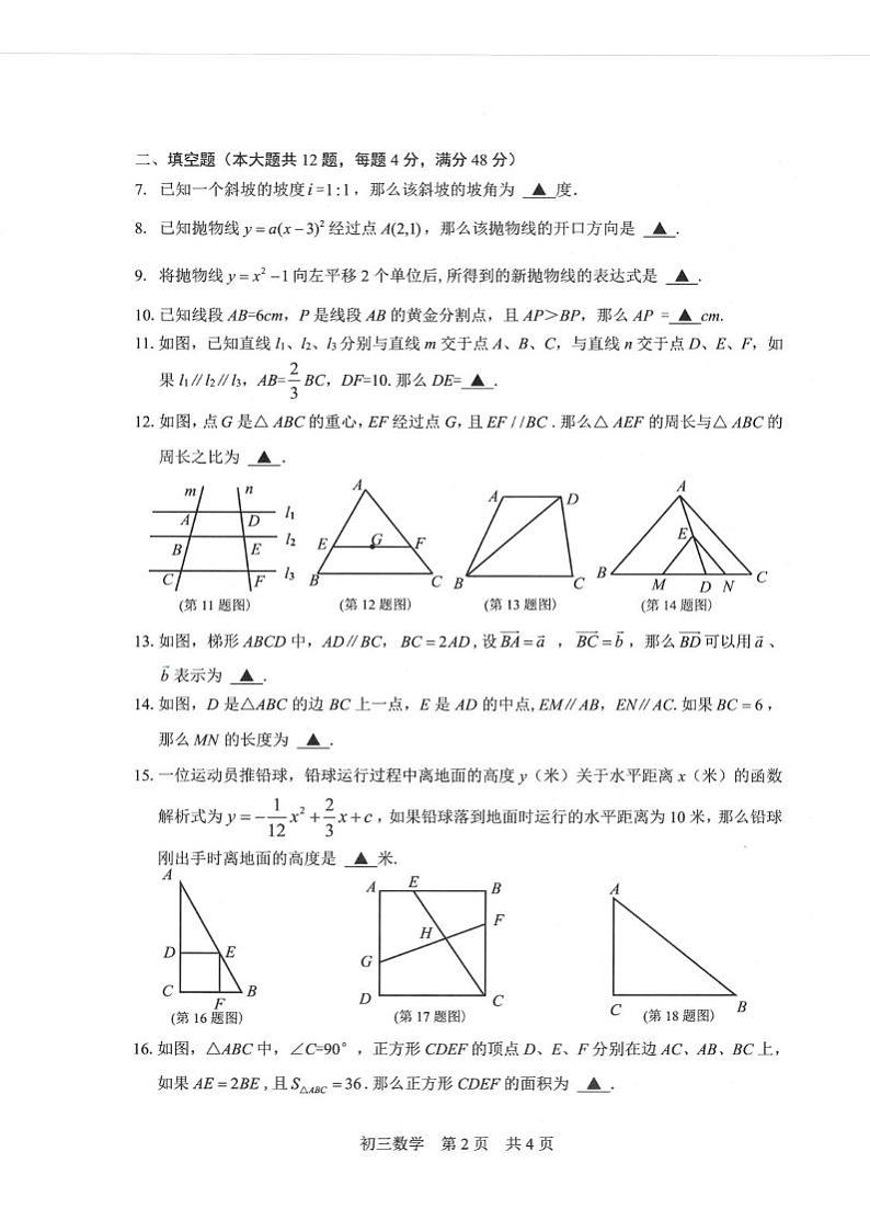 上海市松江区2024—2025学年上学期期末质量监控九年级数学试卷第2页