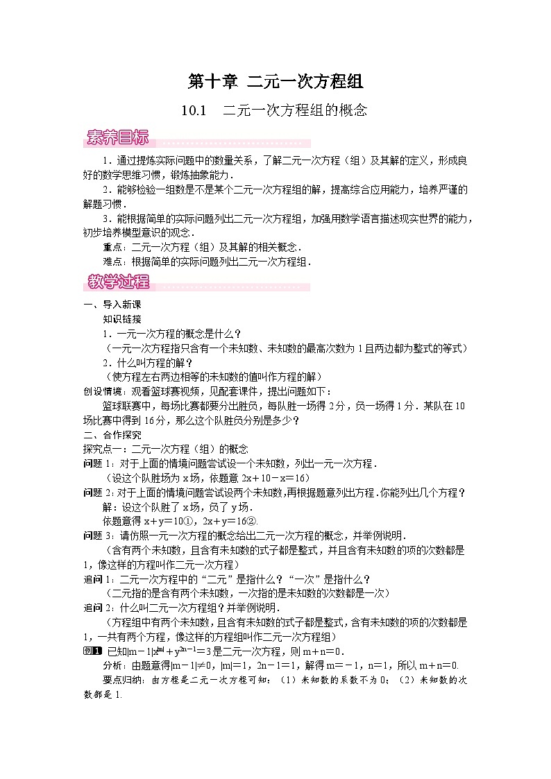 10.1　二元一次方程组的概念 教案 2024-2025学年人教版七年级数学下册第1页