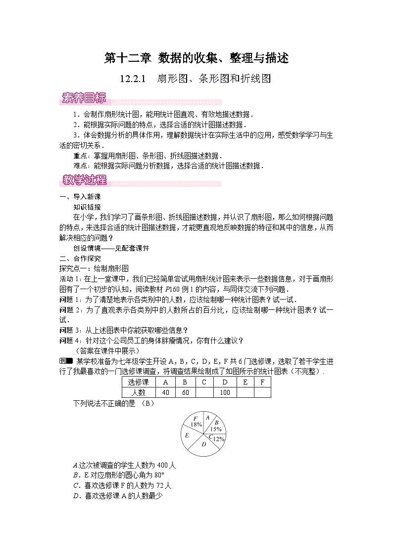 12.2.1　扇形图、条形图和折线图 教案 2024-2025学年人教版七年级数学下册第1页