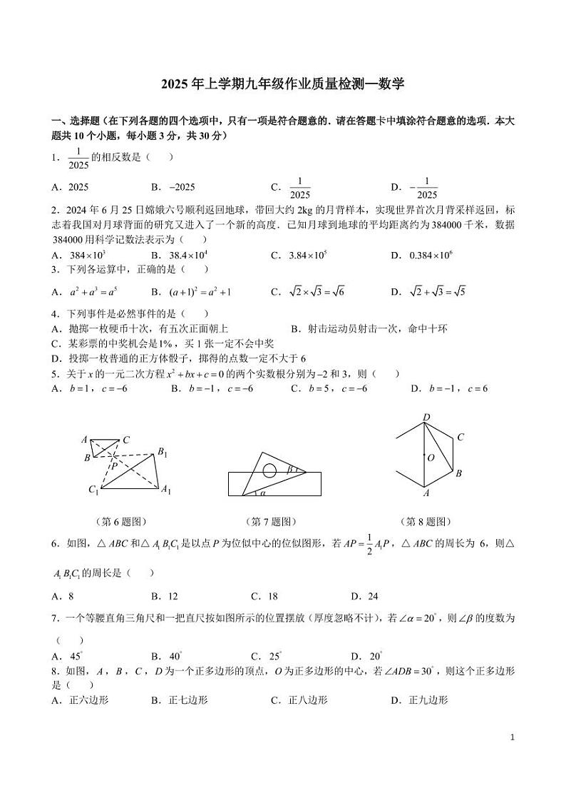 2024-2025-2南雅九下入学考试数学试卷第1页