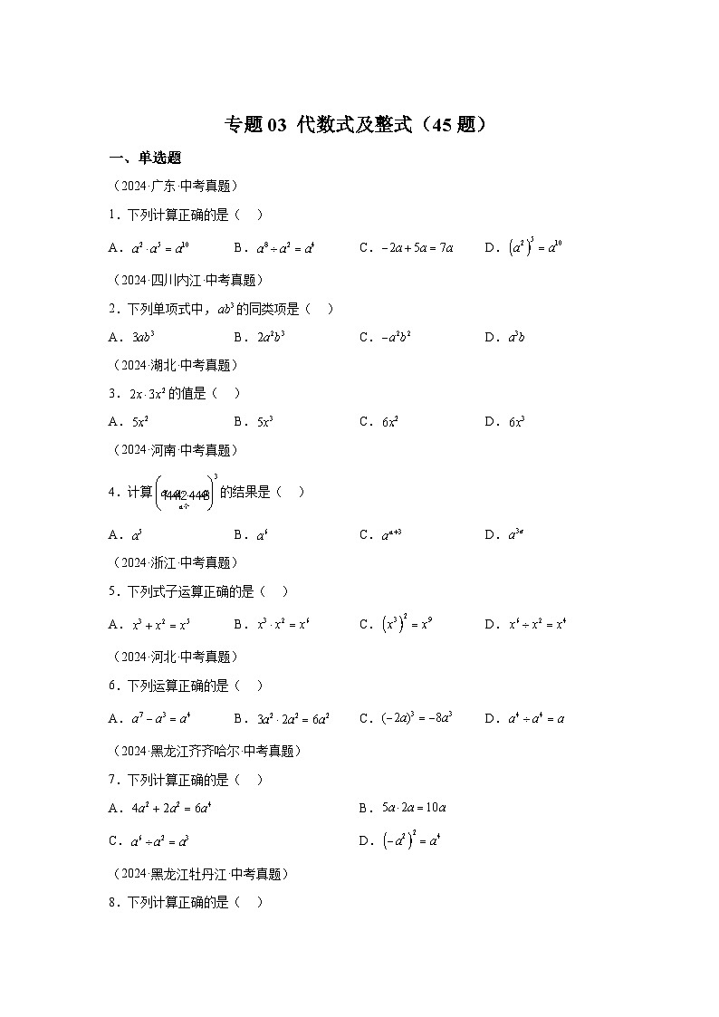 备战2025年中考数学真题分类汇编（全国通用）专题03代数式及整式（45题）（附参考解析）第1页