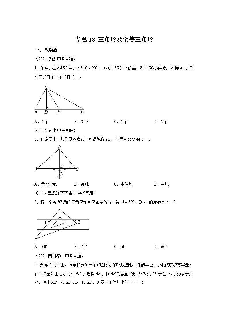 备战2025年中考数学真题分类汇编（全国通用）专题18三角形及全等三角形（40题）（附参考解析）第1页