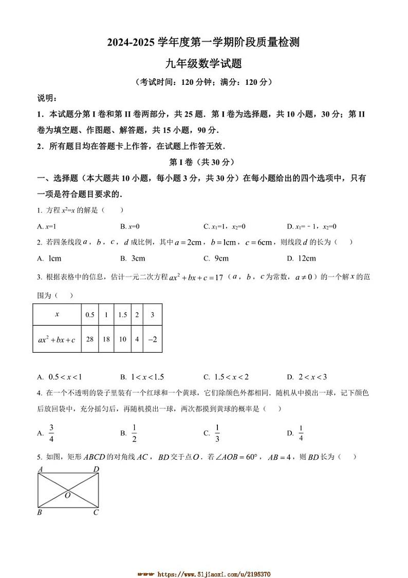 2024～2025学年山东省青岛市城阳区九年级上期中数学试卷(含答案)第1页