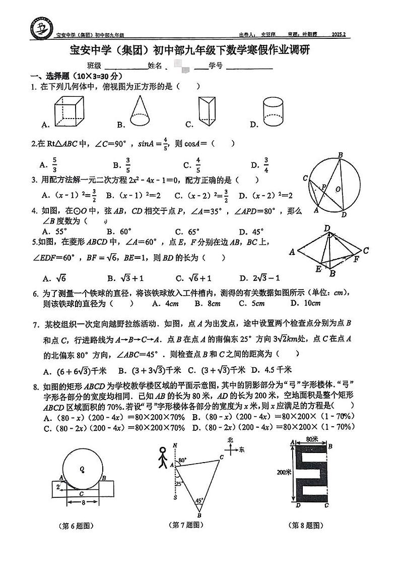 宝安中学（集团）初中部2024-2025学年下学期九年级开学考数学试卷第1页