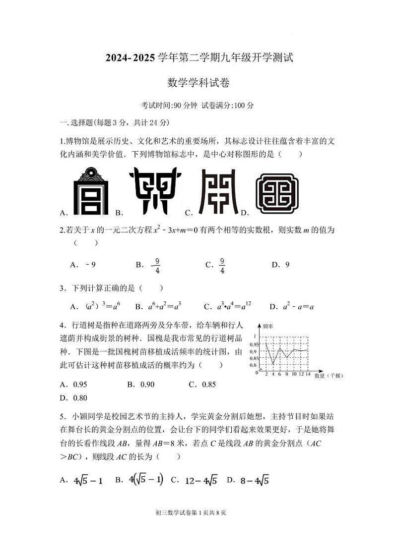 广东深圳实验学校2024-2025学年九年级下学期开学考试数学试题第1页