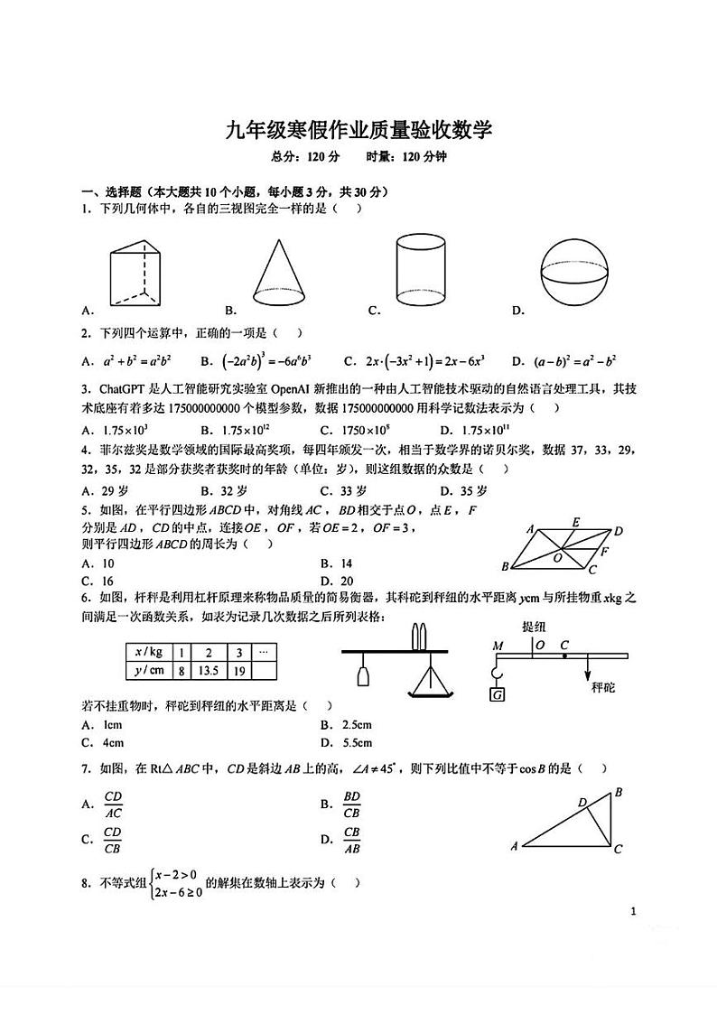湖南省长沙市华益中学2024-2025学年九年级下学期开学考试数学试题第1页