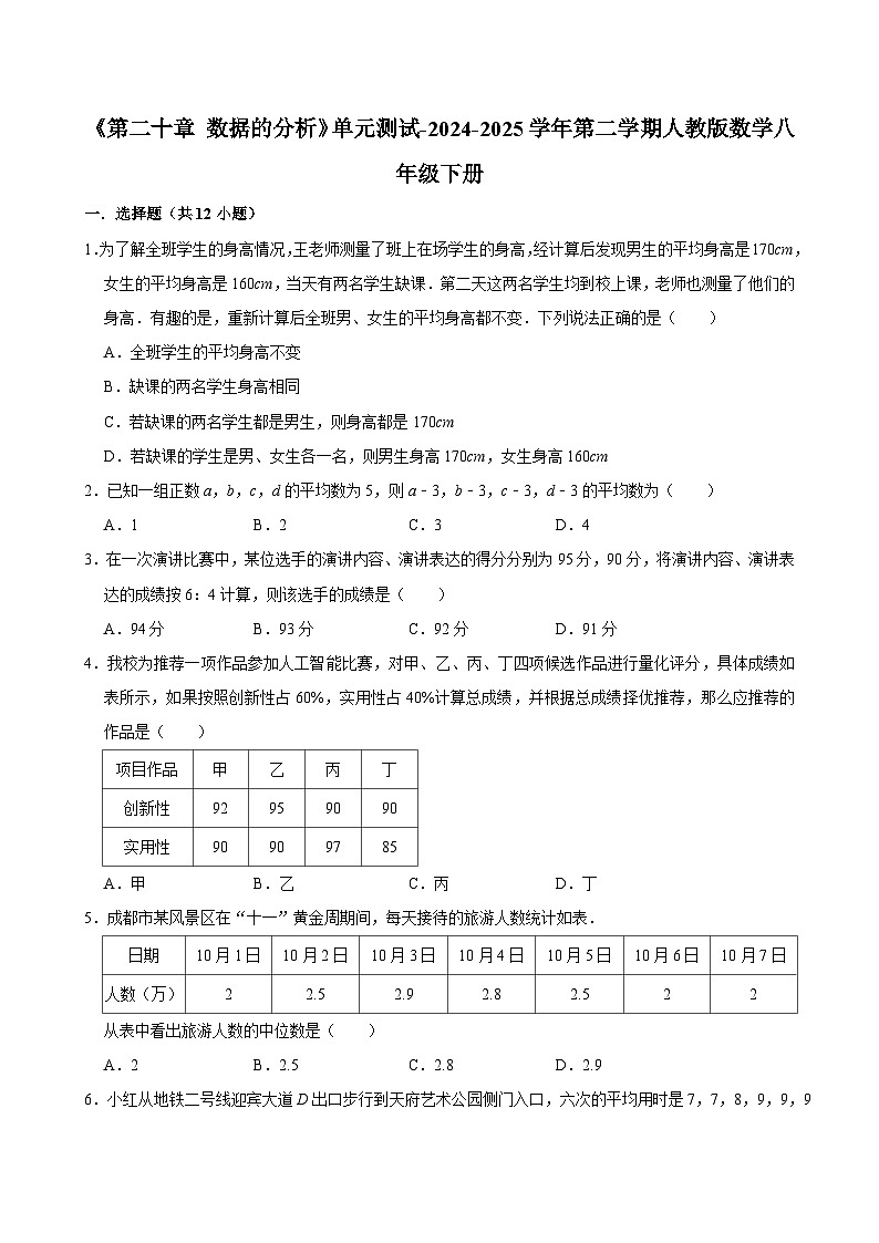 《第二十章 数据的分析》单元测试-2024-2025学年第二学期人教版数学八年级下册第1页