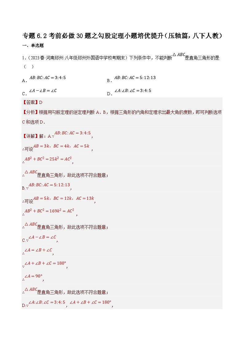 （人教版）数学八年级下册期中复习练习专题6.2考前必做30题之勾股定理小题培优提升（压轴篇）（解析版）第1页