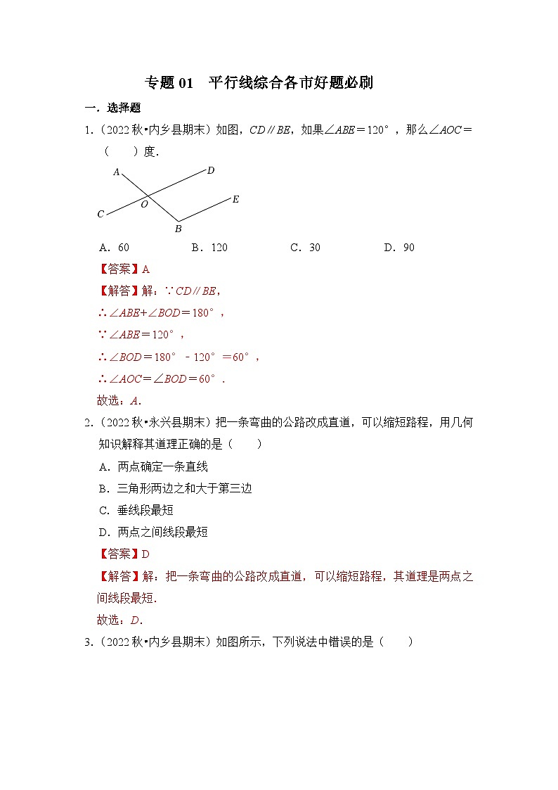 （人教版）数学七年级下册期末突破练习 专题01 平行线综合各市好题必刷（解析版）第1页