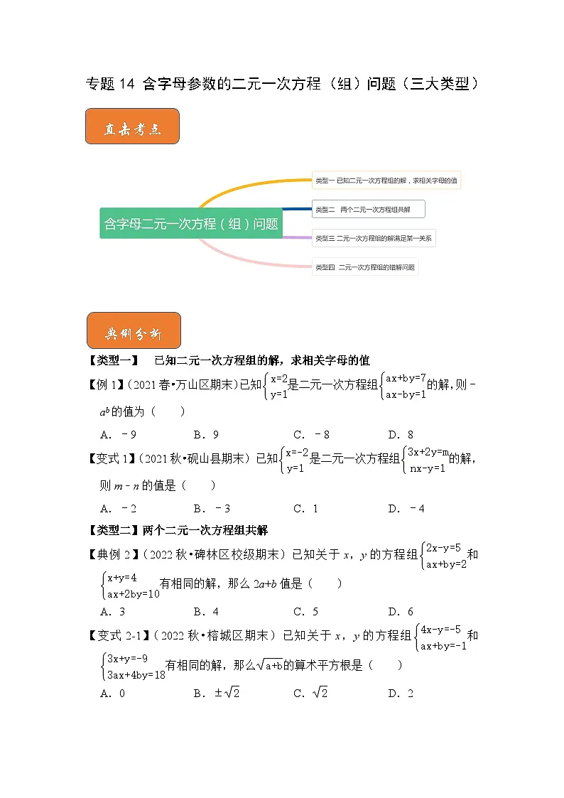 （人教版）数学七年级下册期末突破练习 专题14 含字母参数的二元一次方程（组）问题（三大类型）（原卷版）第1页