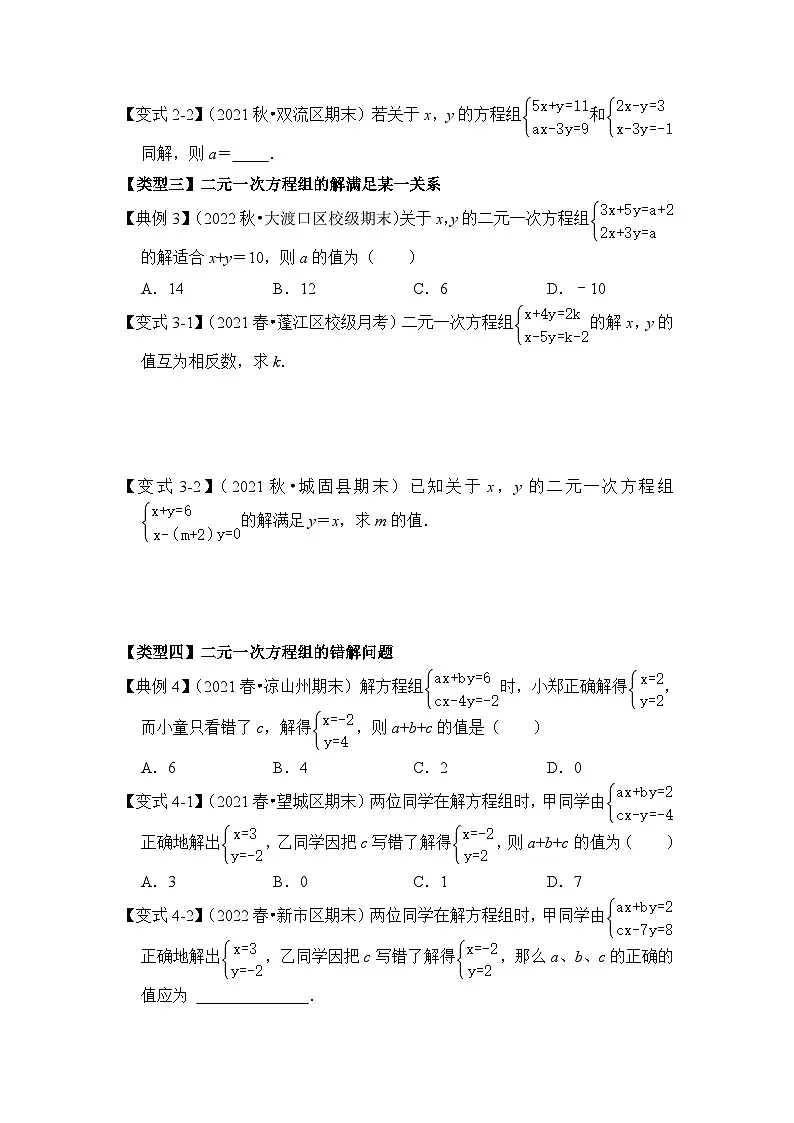 （人教版）数学七年级下册期末突破练习 专题14 含字母参数的二元一次方程（组）问题（三大类型）（原卷版）第2页