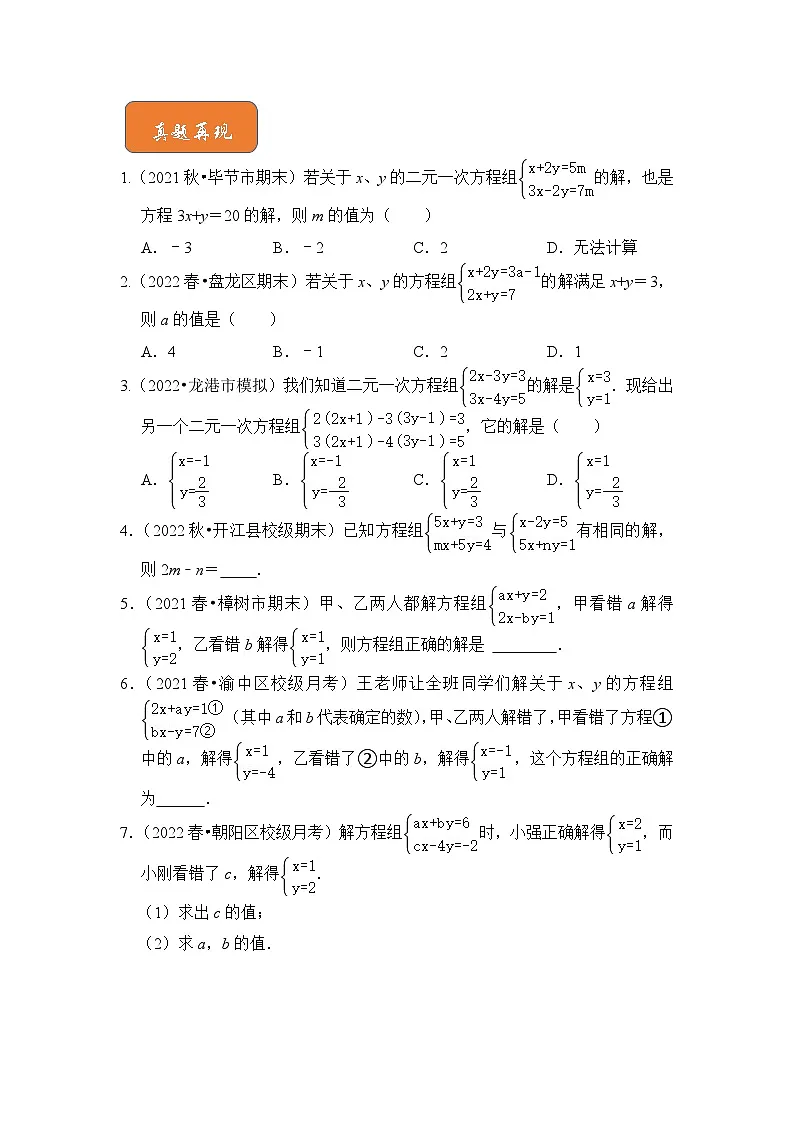 （人教版）数学七年级下册期末突破练习 专题14 含字母参数的二元一次方程（组）问题（三大类型）（原卷版）第3页