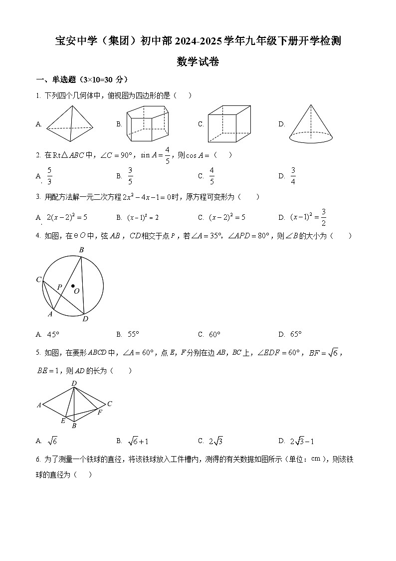 广东省深圳市宝安中学（集团）初中部2024-2025学年下学期九年级开学考 数学试卷第1页