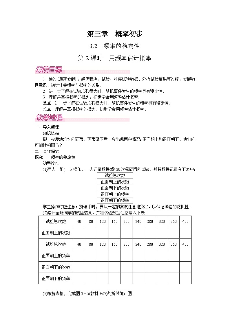 北师大版（2024）数学七年级下册 3.2.2 用频率估计概率（教案）第1页