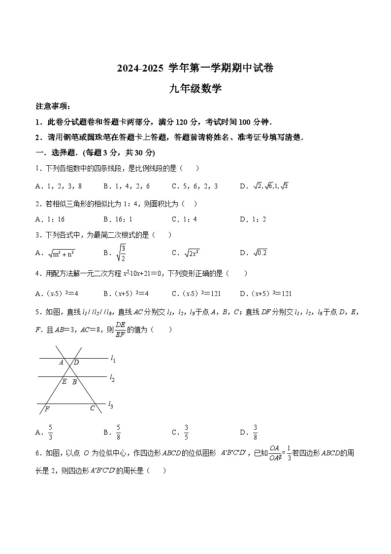 河南省周口市郸城县多校联考2025届九年级上学期10月期中考试数学试卷(含解析)第1页