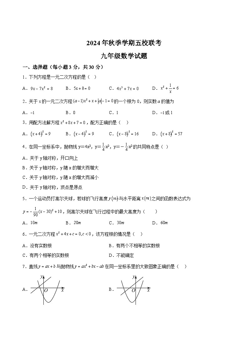 湖北省恩施市五校2025届九年级上学期期中联考数学试卷(含解析)第1页